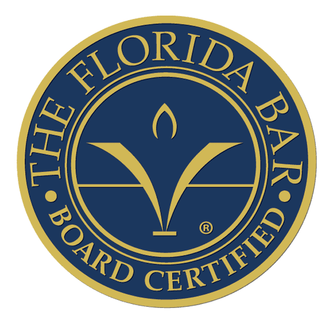 Circular seal with “The Florida Bar Board Certified” text in gold on a blue background, featuring a stylized gold emblem in the center.