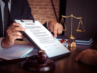 A person in a suit points to a contract on a clipboard at a desk with a gavel, scales of justice, and model houses.