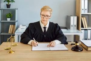 A judge wearing a black robe sits at a desk, reviewing and signing documents. A gavel and scales of justice are on the desk.