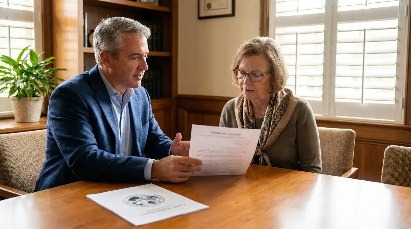 attorney reviewing printed legal document with elderly client at office conference table