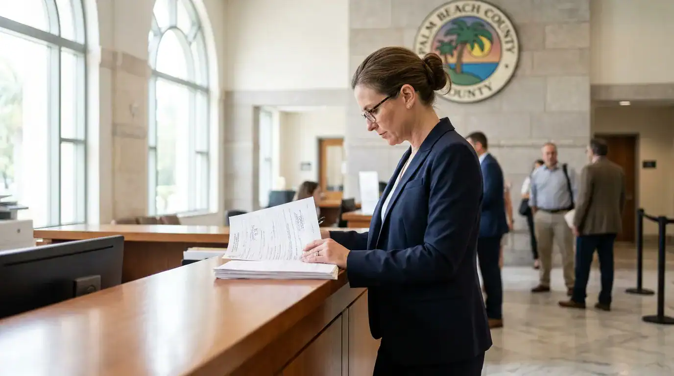 attorney reviewing legal documents at Palm Beach County courthouse clerk counter