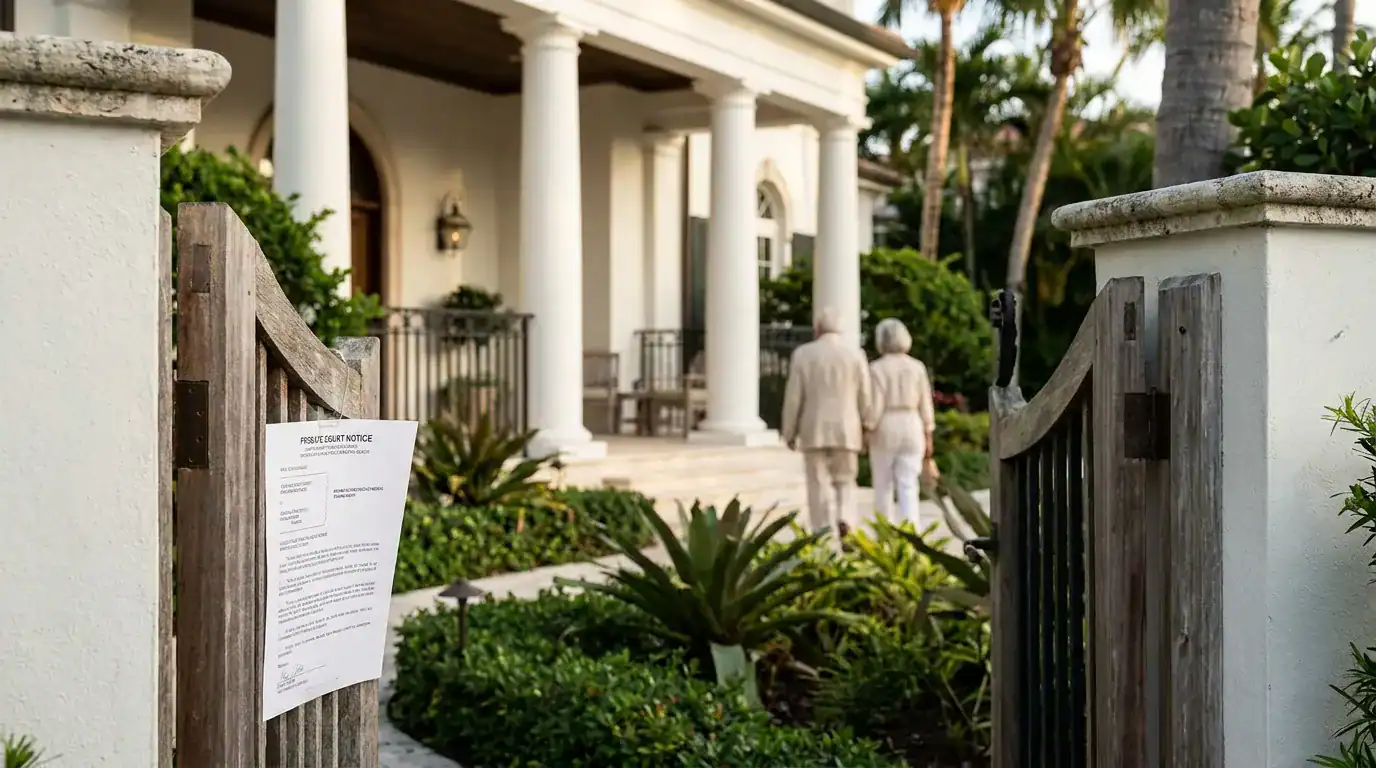 Foreclosure court notice posted on gate outside upscale residential property
