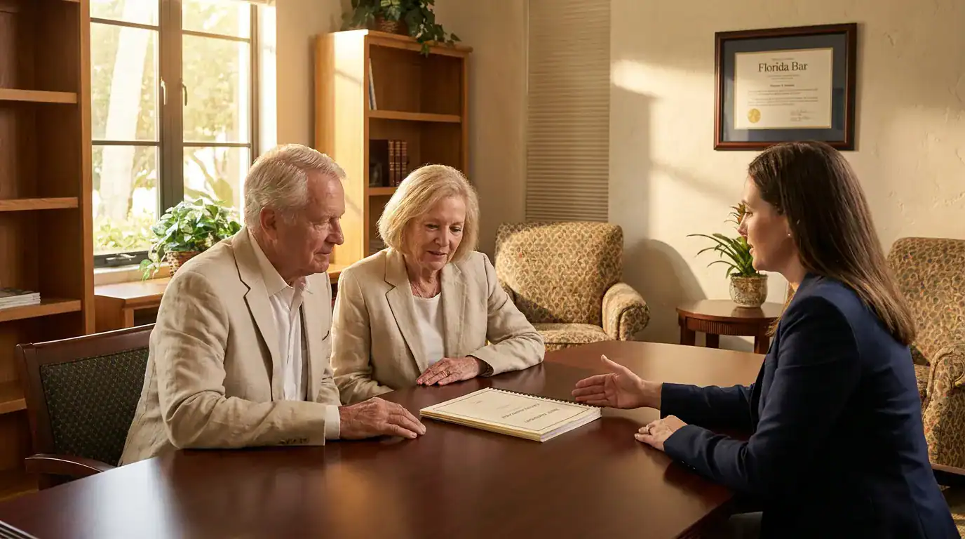attorney meeting with elderly couple at desk beneath Florida Bar certificate