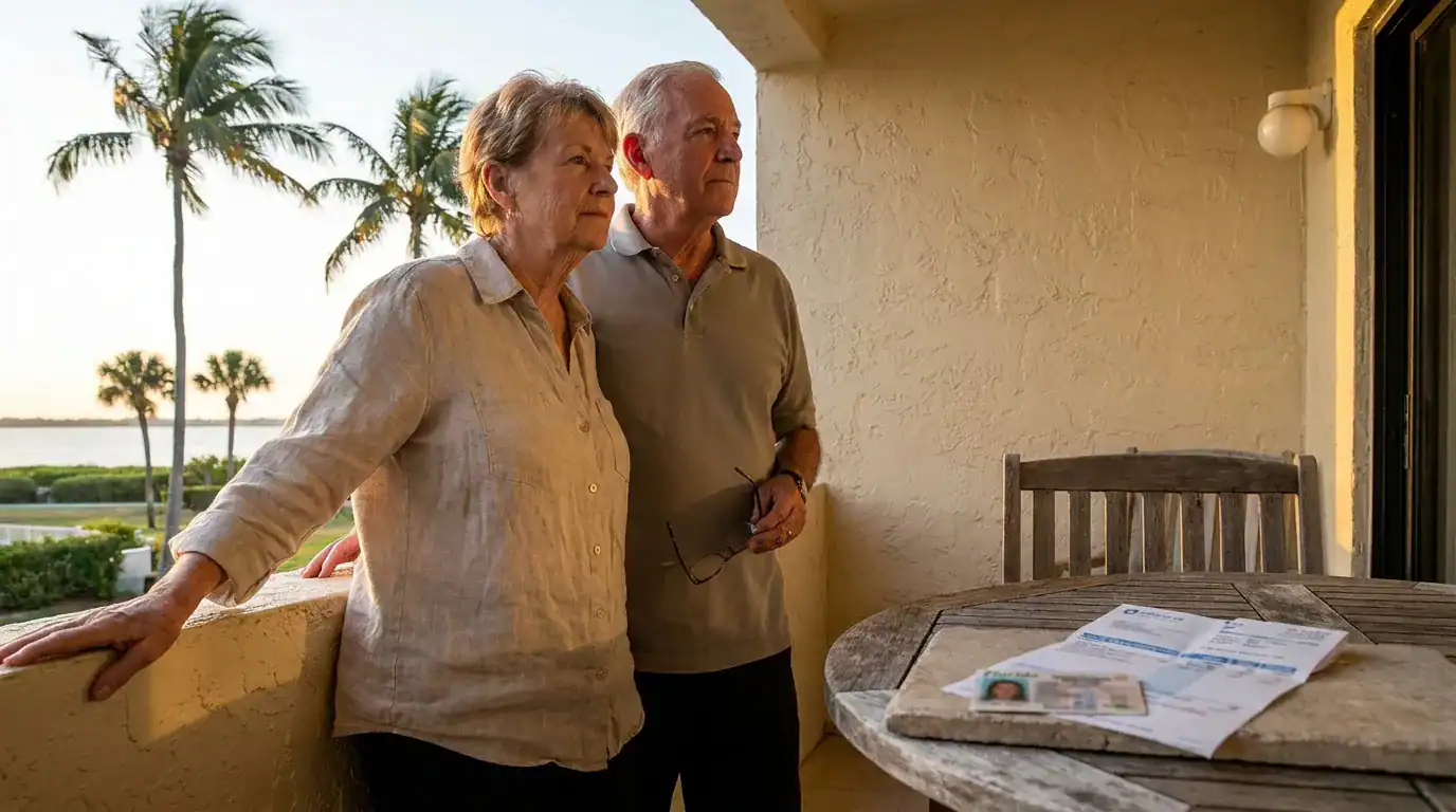 elderly couple standing on balcony near table with Florida ID and documents