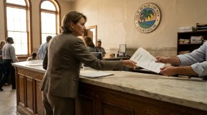 attorney filing Notice of Trust documents at Palm Beach County Courthouse clerk counter