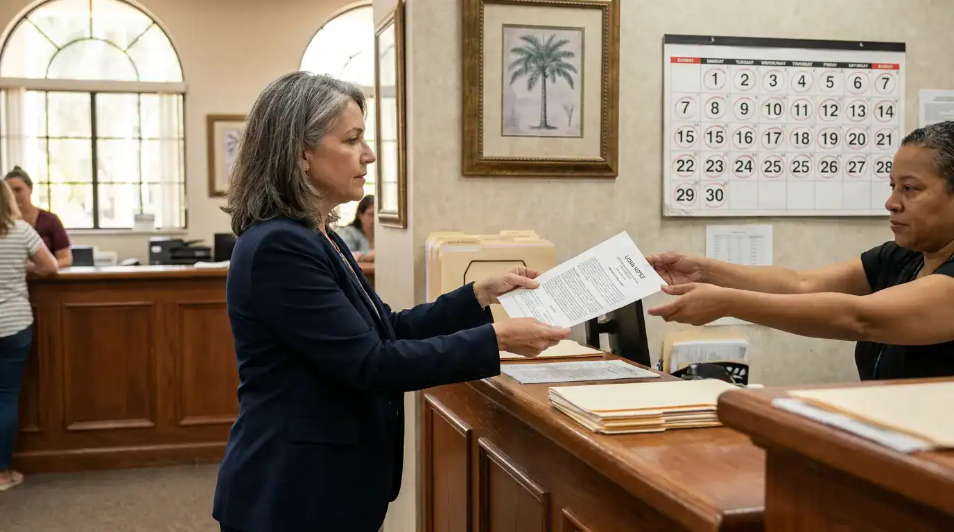 attorney handing legal notice document to clerk at courthouse counter
