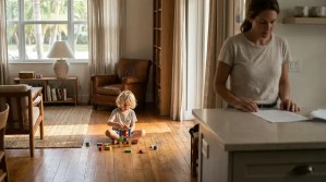 child playing with wooden blocks on floor while adult reviews documents nearby