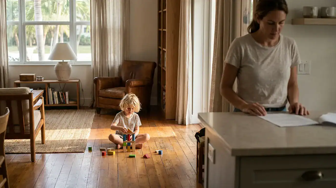 child playing with wooden blocks on floor while adult reviews documents nearby