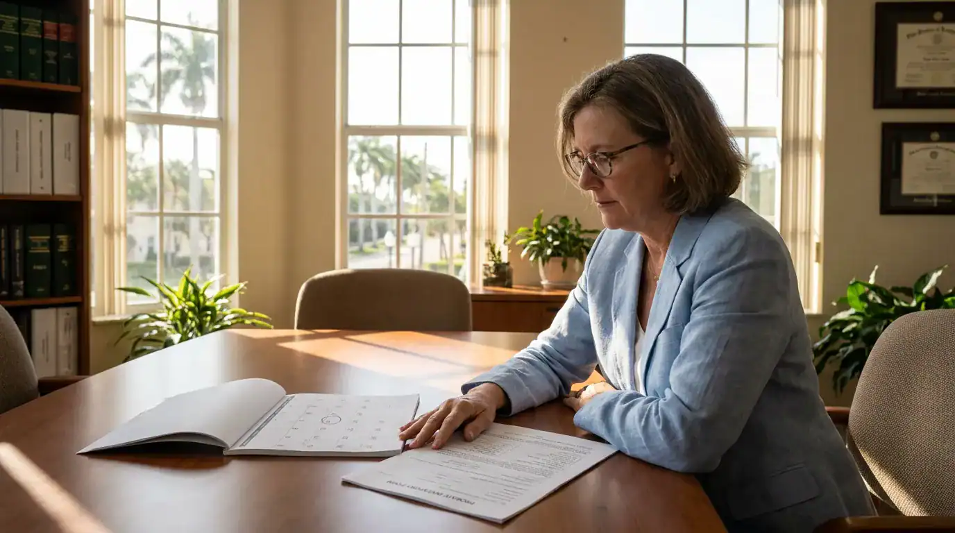 attorney reviewing calendar and legal documents at conference room table