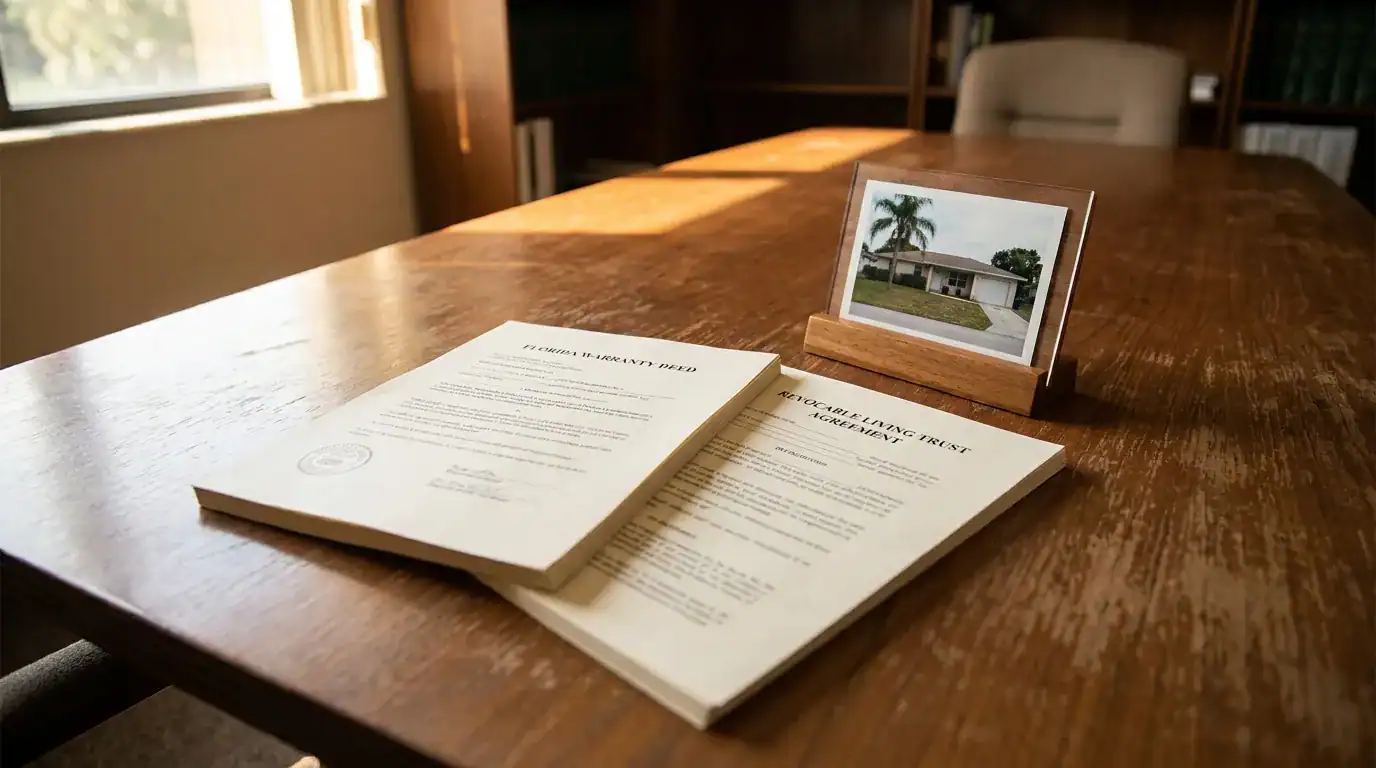 Florida Warranty Deed and Revocable Living Trust Agreement documents beside framed house photo