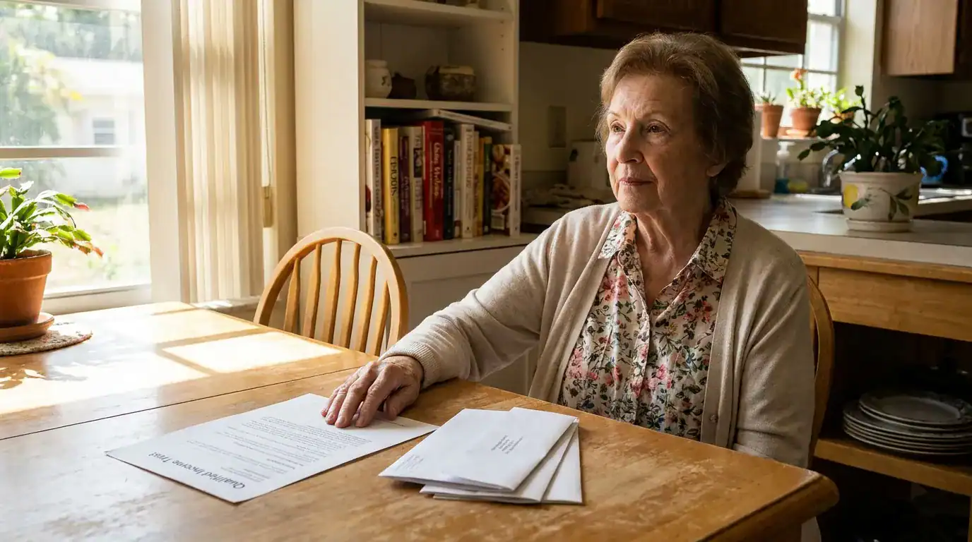 elderly woman seated at kitchen table reviewing Qualified Income Trust documents