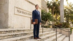 attorney in suit holding portfolio standing on Palm Beach County courthouse steps