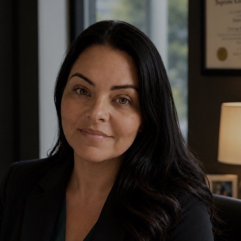 Woman with long dark hair wearing a dark blazer sits at a desk, with a lamp and framed certificate visible in the background.