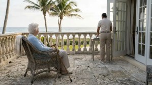 elderly woman with cane seated in wicker chair on oceanfront terrace with caregiver nearby