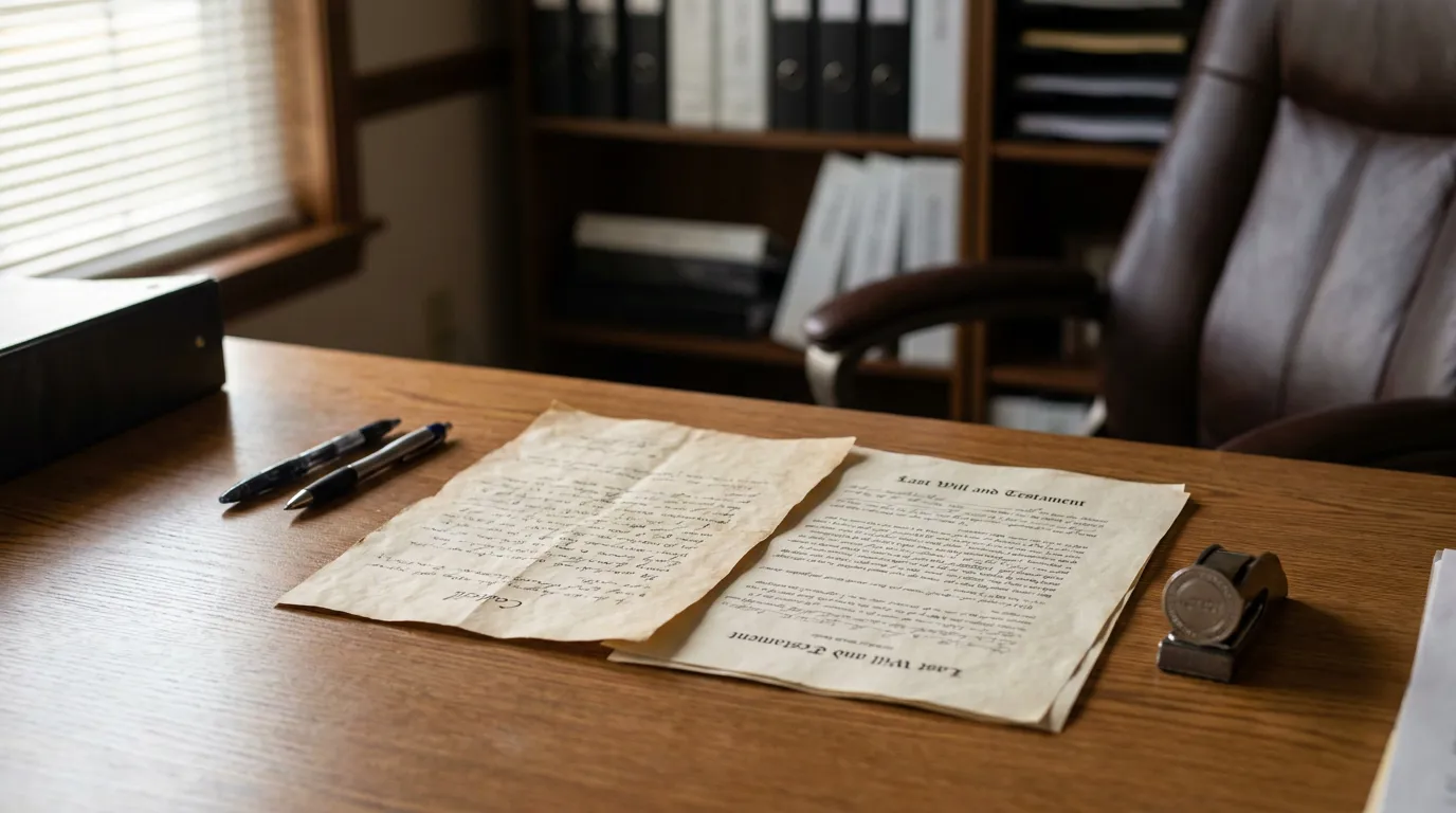 Last Will and Testament document open on law office desk with notary stamp and pens
