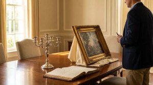 professional examining ornate framed painting beside candelabra and handwritten ledger on table