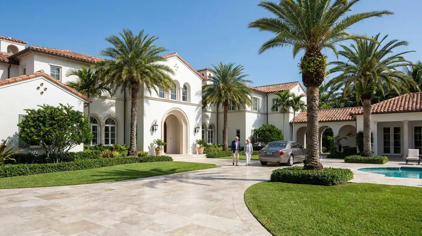 couple walking in front of large Mediterranean-style estate with palm trees and sedan