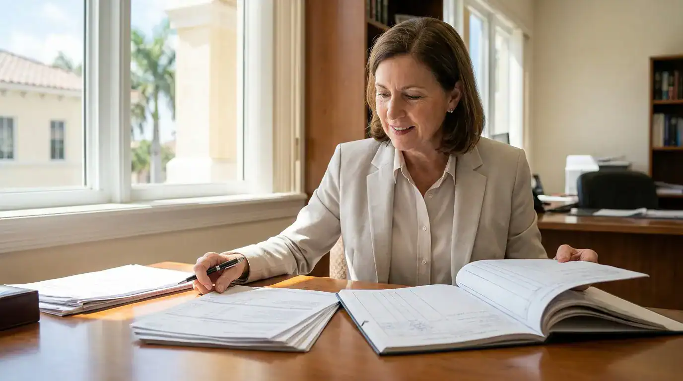 female attorney reviewing open legal binder and documents at office desk