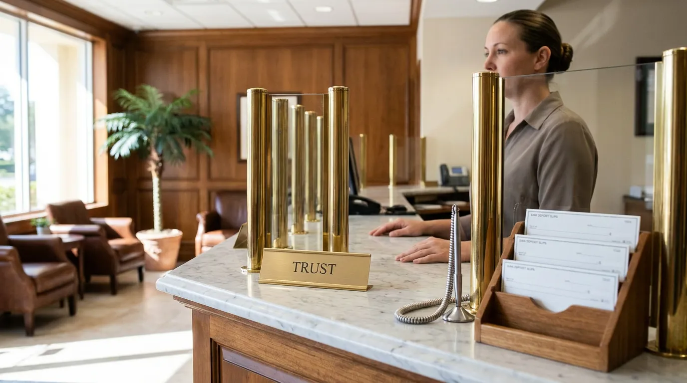 Bank teller window with TRUST nameplate on marble counter and deposit slips