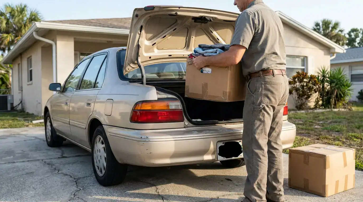 man loading cardboard boxes into open car trunk in residential driveway