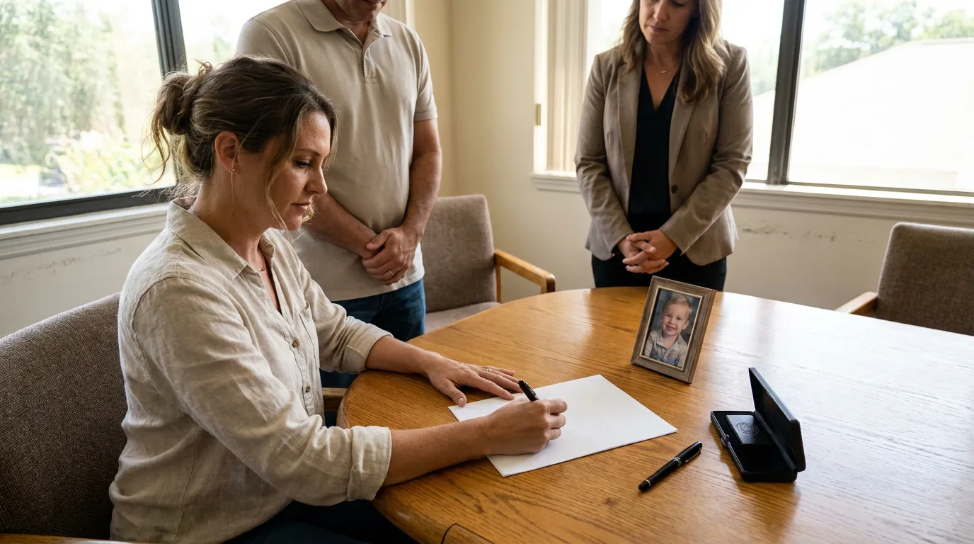 Woman signing legal document beside child's photo and notary seal