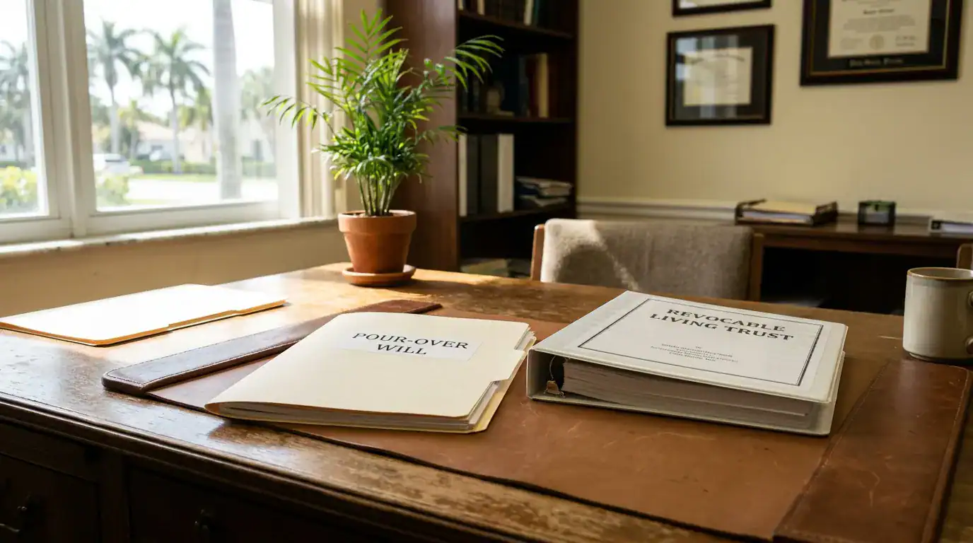 Pour-Over Will folder and Revocable Living Trust binder on law office desk