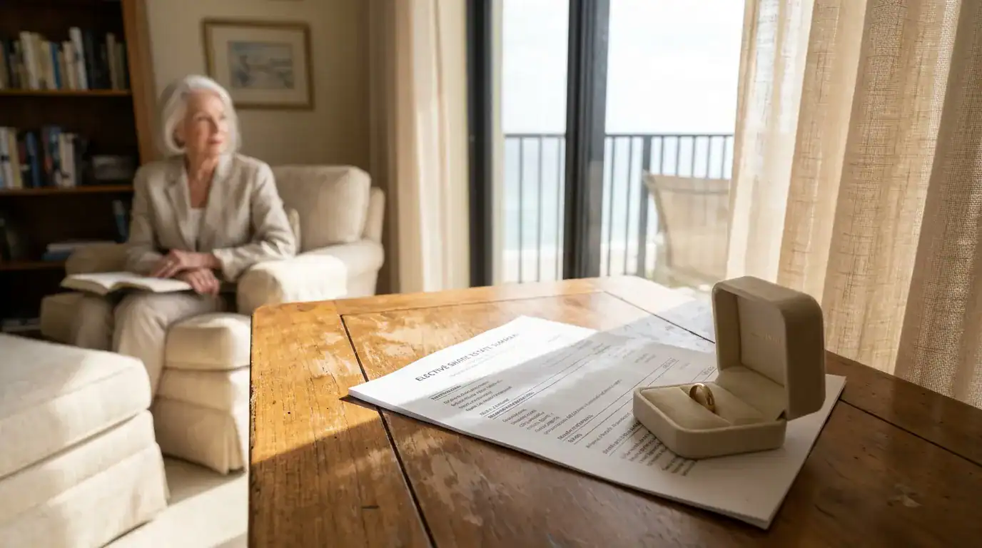 Elective share estate summary document beside wedding ring box on wooden table